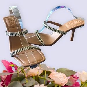 ZARA Slides 2 Strap Open Toe Silver Rhinestones 3” Heel
